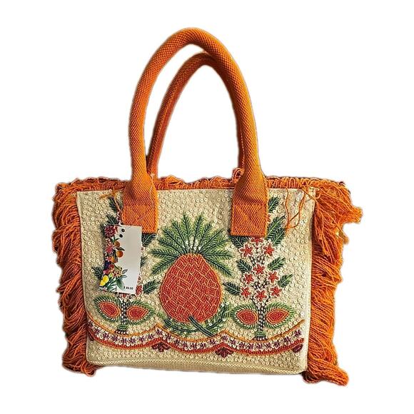 NWT America & Beyond Orange Viral Beaded Fringe Fiesta Pineapple Bag Purse - Picture 1 of 10